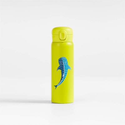 Bright yellow Crate and Kids water bottle with blue shark on it 