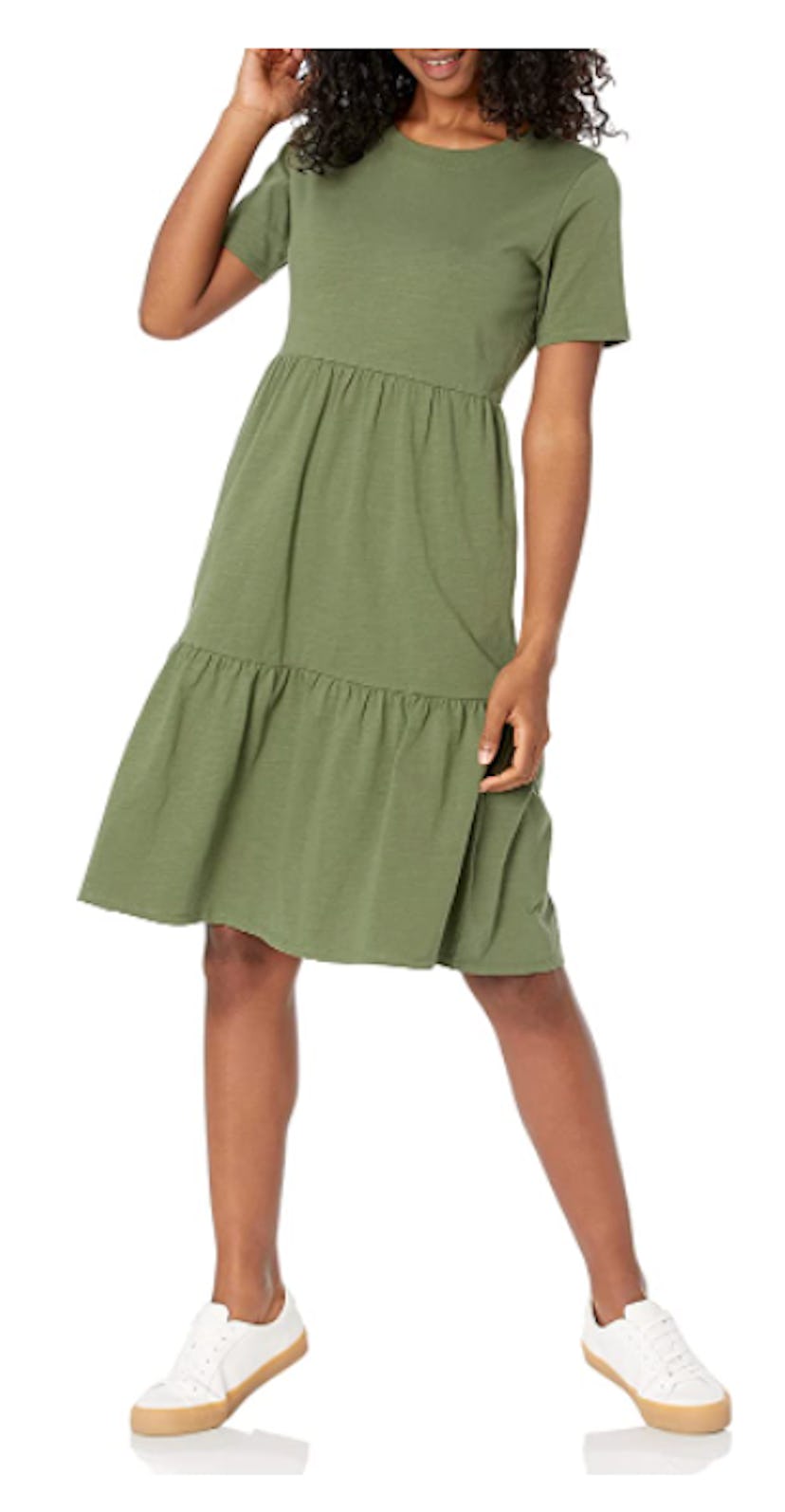 This short-sleeve crewneck dress is both versatile and figure-flattering.