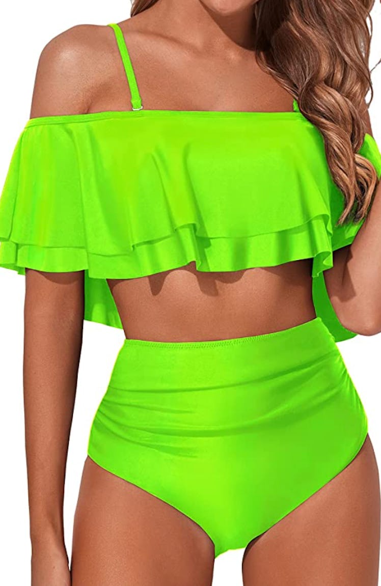 Tempt Me Women Two Piece High Waisted Bikini Set Swimsuit Tummy Control Bottoms Ruffle Off Shoulder ...