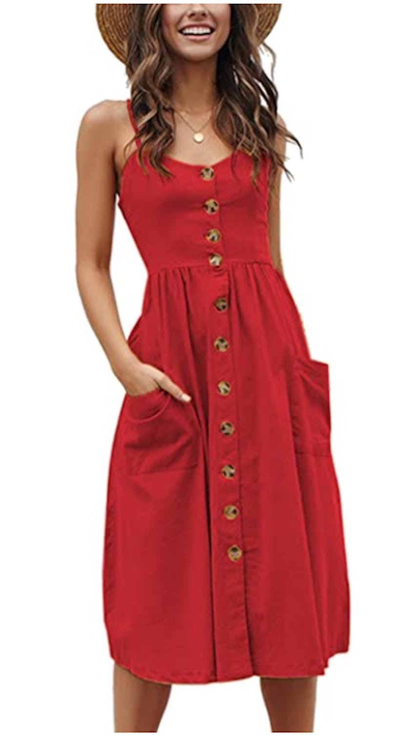 A spaghetti strap button-down midi dress will keep you cool and on-trend during the summer.