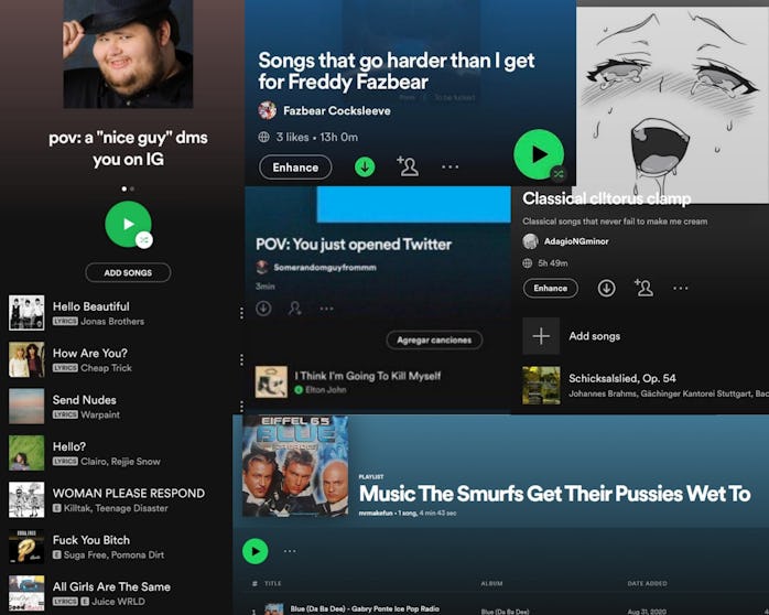 A collage of several NSFW playlist titles from Spotify