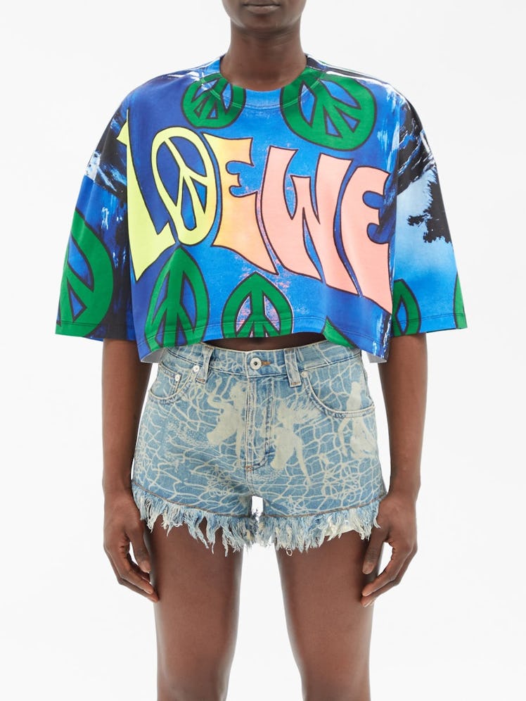 Peace-Print Cotton-Jersey Cropped T-Shirt Loewe