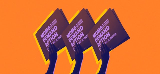 An illustration of a Pro-Gun reform protest signs reading: ' Moms demand action.'
