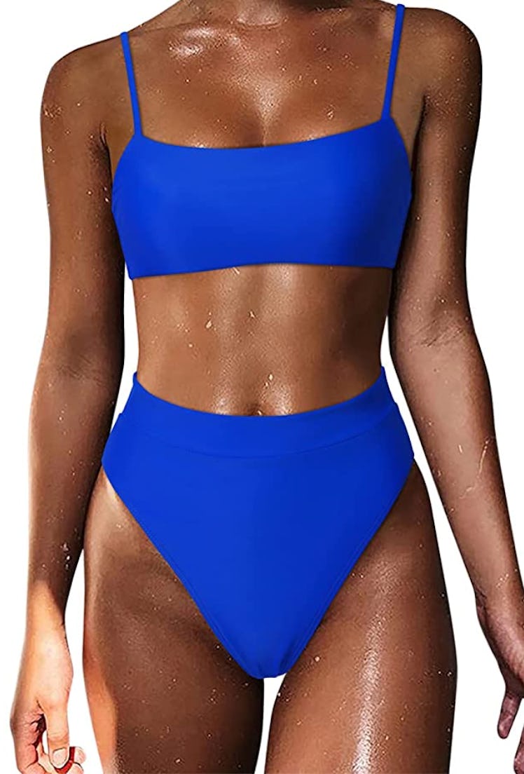MOSHENGQI Women High Wasited Bikini Shoulder Strap 2 Piece High Cut String Swimsuits