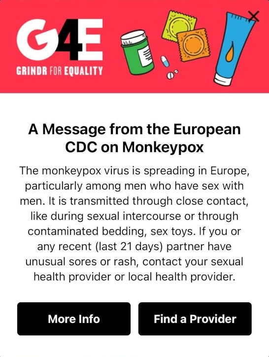 Screenshot of Grindr’s pop-up PSA about monkeypox