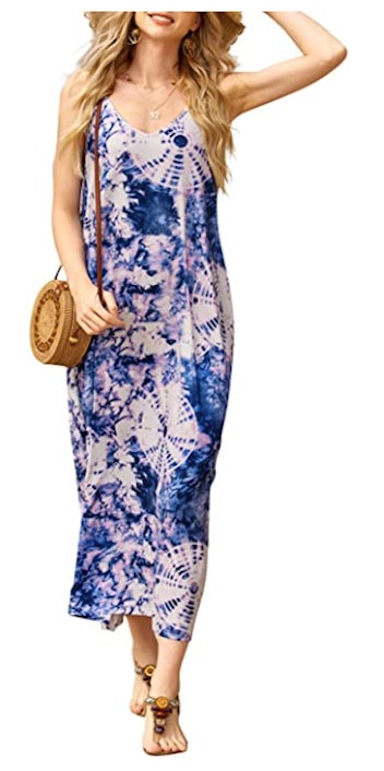 Womens Summer Stripe Maxi Dress Short Sleeve V Neck Casual Loose Long Beach  Split Dresses Dress with Shelf Bra Gown, Blue, X-Large : :  Clothing, Shoes & Accessories