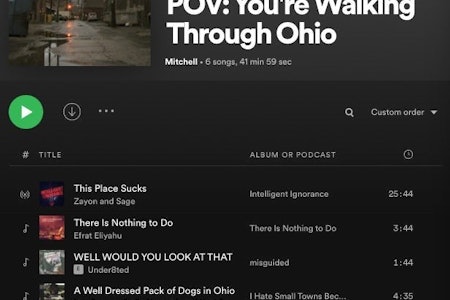 A screenshot of the playlist "POV: You're walking Through Ohio" with songs including "This Place Suc...