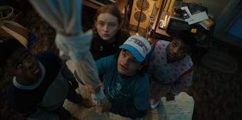 STRANGER THINGS. (L to R) Caleb McLaughlin as Lucas Sinclair, Sadie Sink as Max Mayfield, Gaten Mata...