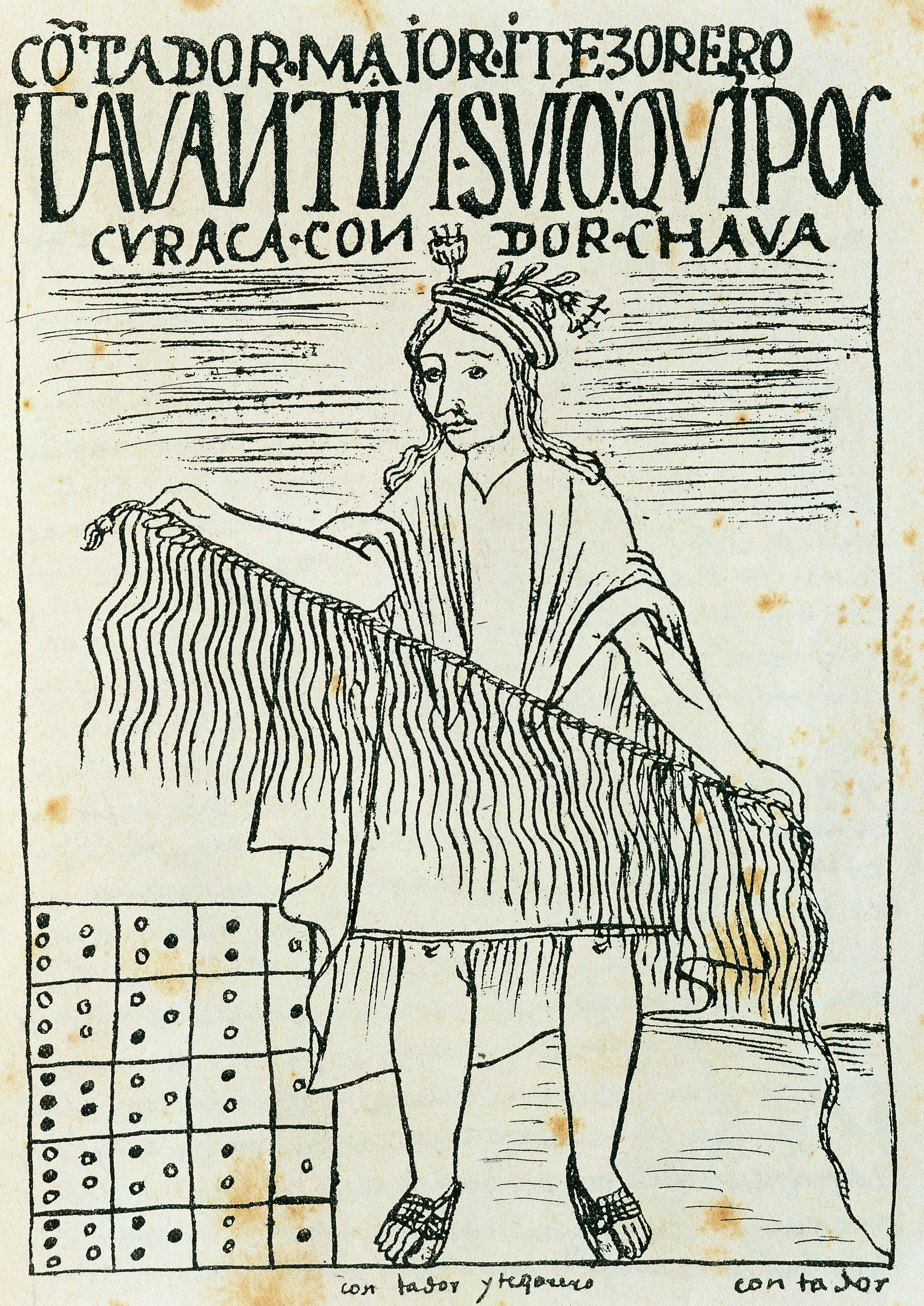 History of the Exploration, 16th century. South America, Peru. Inca man holding a quipu, a device ma...