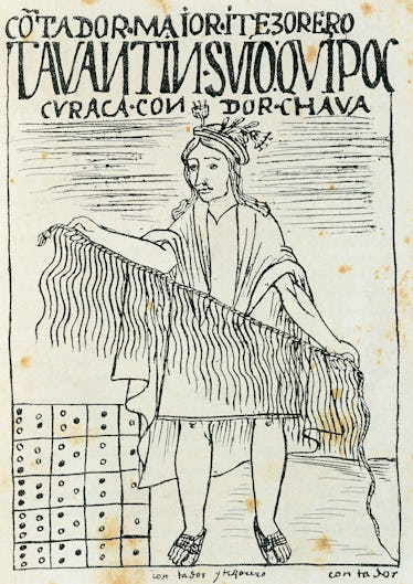 History of the Exploration, 16th century. South America, Peru. Inca man holding a quipu, a device ma...
