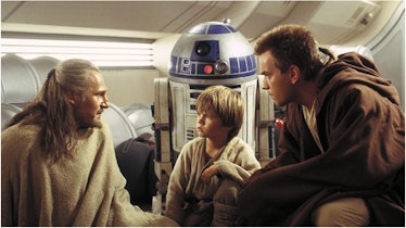 Qui-Gon Jinn, Anakin Skywalker, and Obi-Wan Kenobi in Star Wars Episode I: The Phantom Menace.