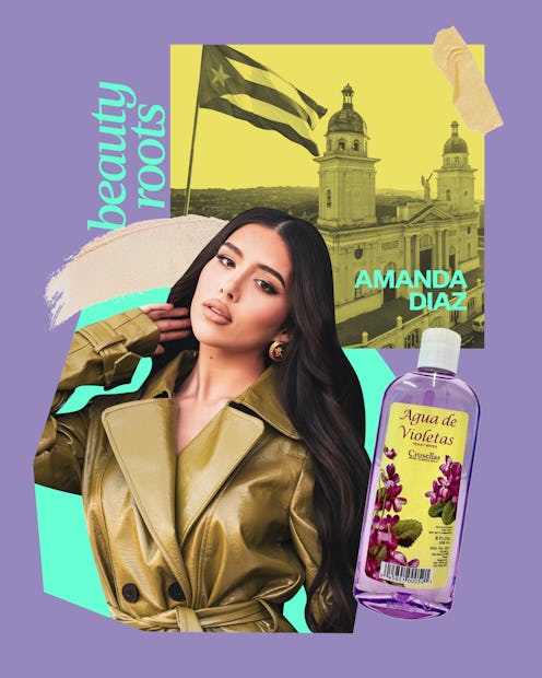 Beauty Influencer Amanda Diaz next to a picture of a building in cuba as well as a bottle of violet ...