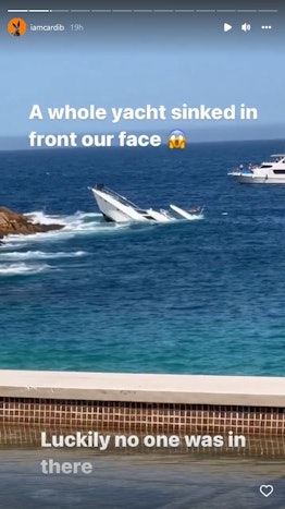 Cardi B reacted to a yacht sinking during her vacation in an Instagram story.