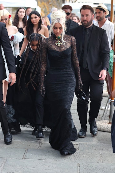 Kim Kardashian wearing vintage Dolce & Gabbana at Kourtney & Travis Barker's Italian wedding.