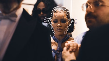 Teyana Taylor wearing a gold headpiece on her way to the 2022 met gala
