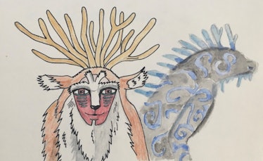illustration of a deer-like creature with several antlers and a fish-ish monster