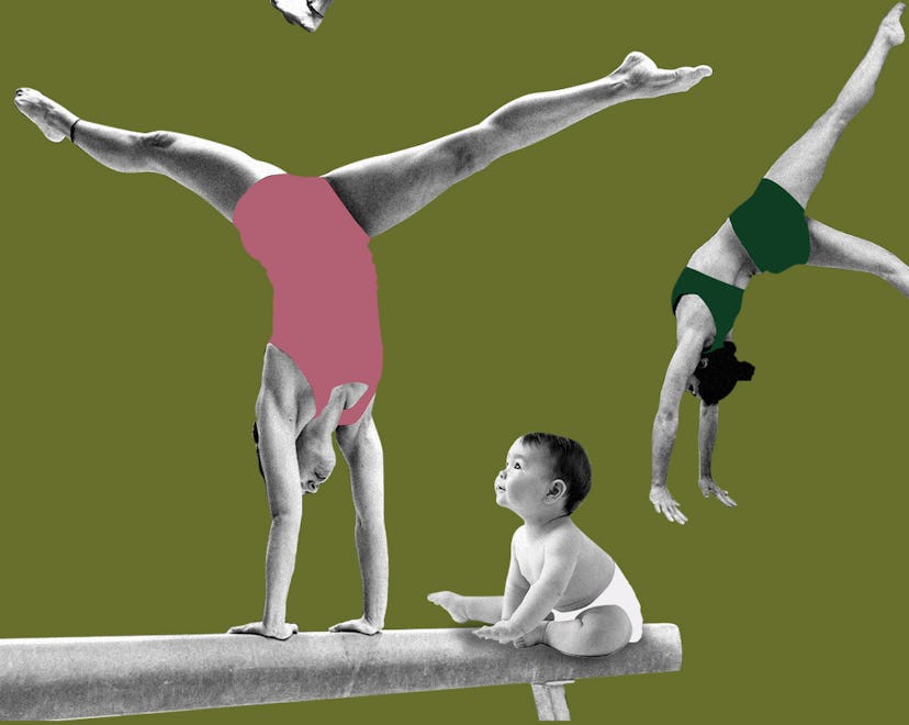 A collage of women performing different poses in gymnastics and a toddler looking at one of them