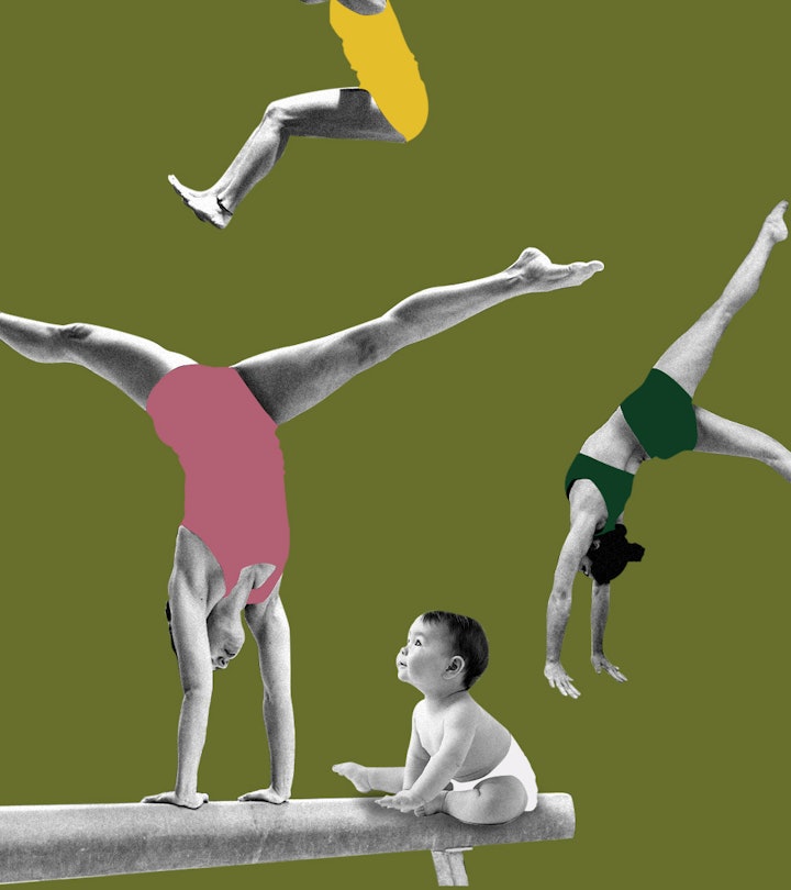 A collage of women performing different poses in gymnastics and a toddler looking at one of them