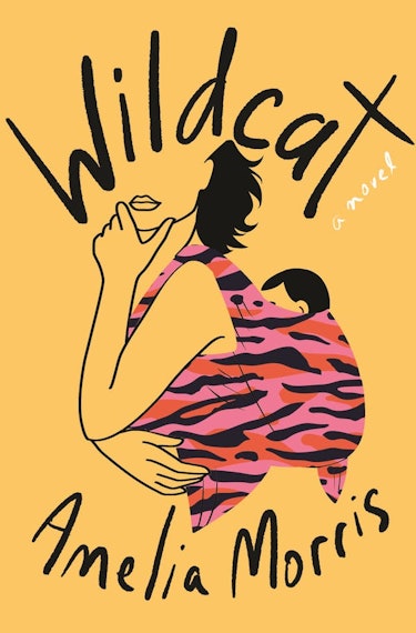 cover of Wildcat by Amelia Morris, a woman with a baby in a wrap on her back, with wildcat stripes o...