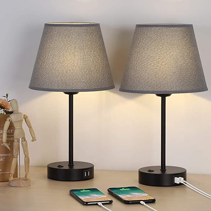 JS NOVA JUNS Bedside Table Lamps with USB Ports (Set of 2)