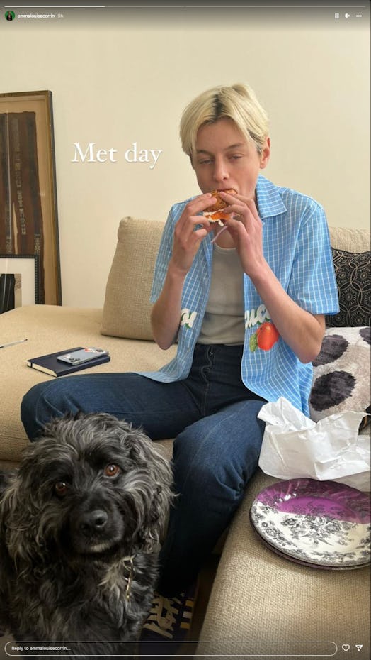 Emma Corrin eating a bagel in an Instagram Story ahead of the 2022 Met Gala