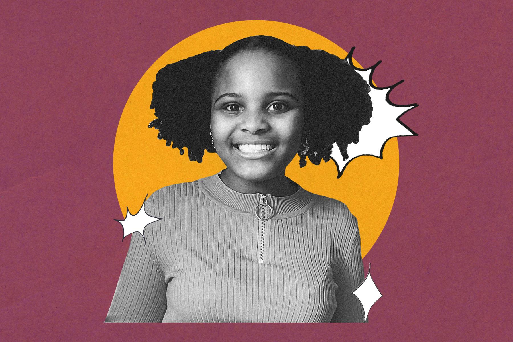 Mari Copeny on a maroon background with a yellow circle in the middle