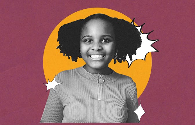 Mari Copeny on a maroon background with a yellow circle in the middle