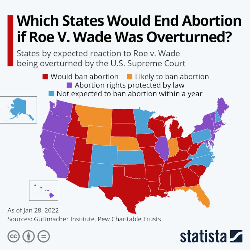 A map indicating which states would ban abortion in the absence of Roe v. Wade. 