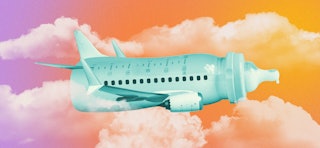 A cyan colored plane in a shape of a baby bottle flying through orange and purple sky