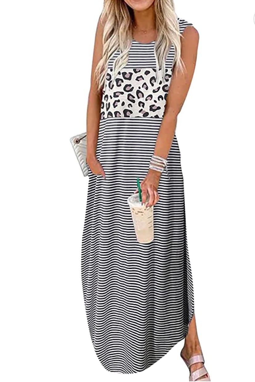 A sleeveless, slip-on style modern t-shirt maxi dress gives you something to wear at home and out ru...