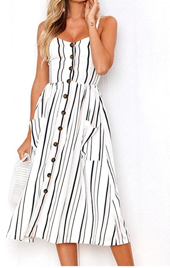 Angashion Spaghetti Strap Button Down Swing Midi Dress