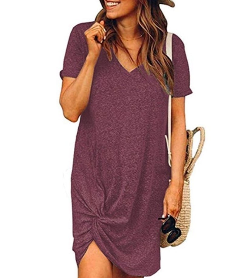 A simple twist on one side of a t-shirt dress gives it a fun edge.