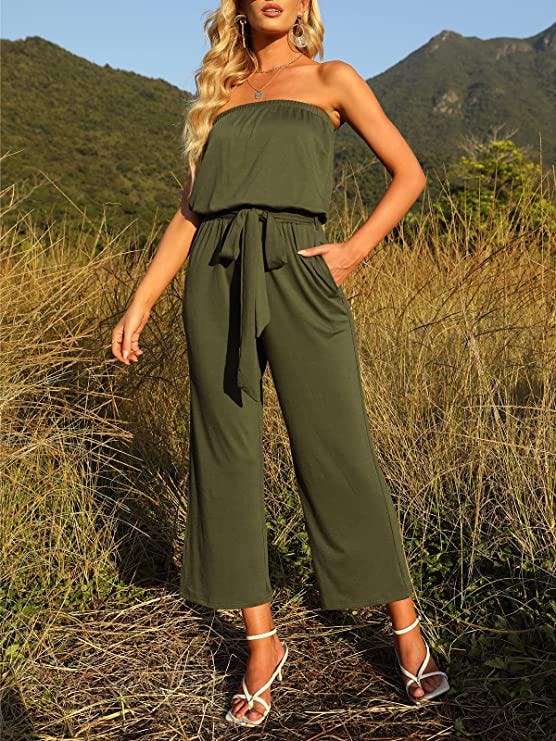 ZESICA Strapless Belted Wide Leg Jumpsuit
