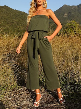 ZESICA Strapless Belted Wide Leg Jumpsuit