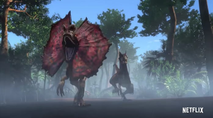 Two dilophosauruses running in screenshot from Jurassic Park Camp Cretaceous Netflix show 