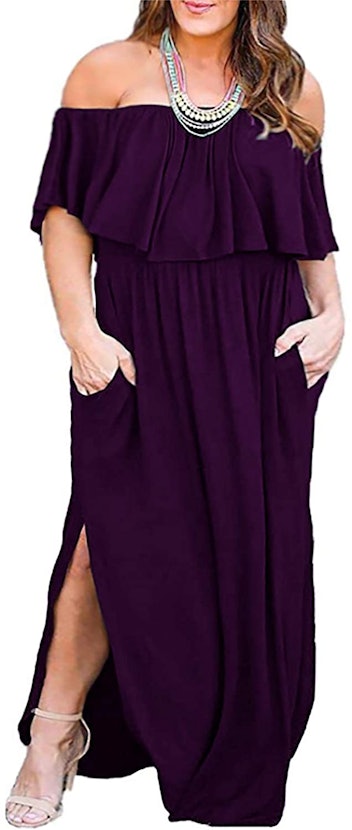 This women's off-shoulder maxi dress can be dressed up or down without sacrificing comfort.