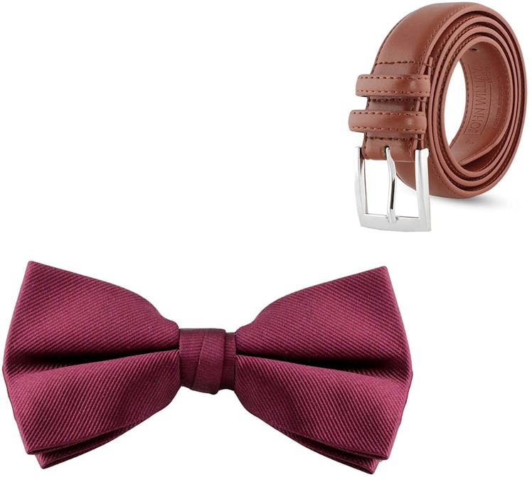 John William Leather Belt and 100% Silk Bow Tie Bundle With Gift Bag