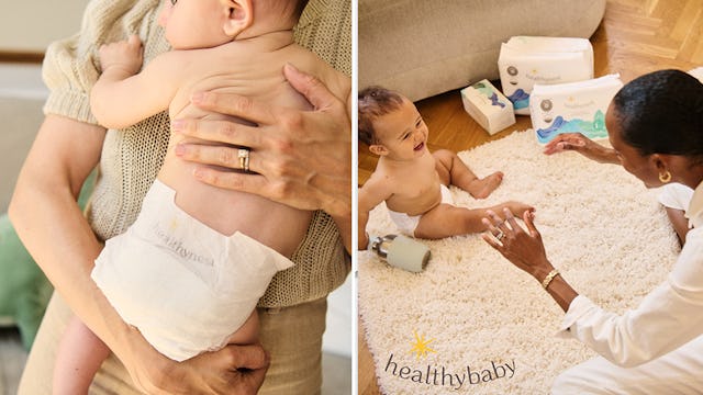 Side by side pictures of a baby being held, and a woman playing with her baby.