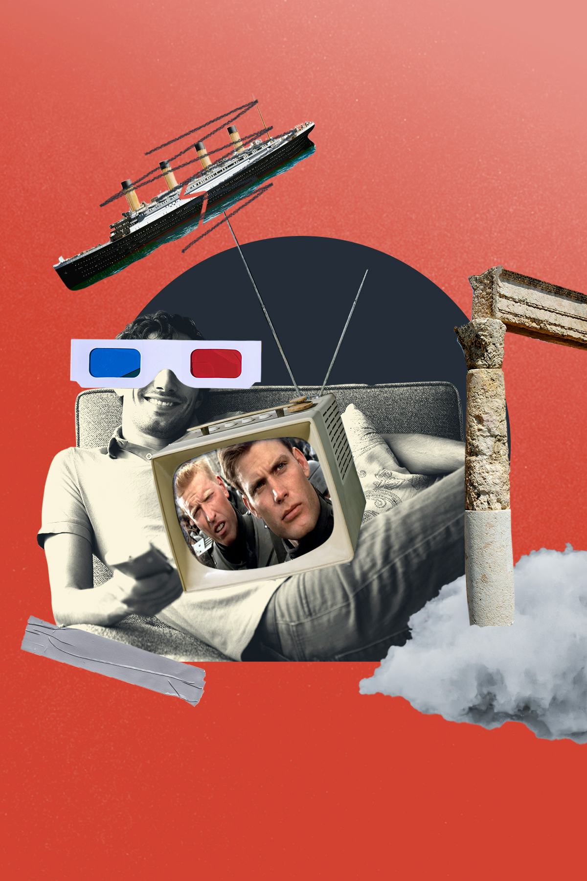 组成的拼贴画一台电视机,一个说电视,一个人戴着3 d眼镜和泰坦尼克号