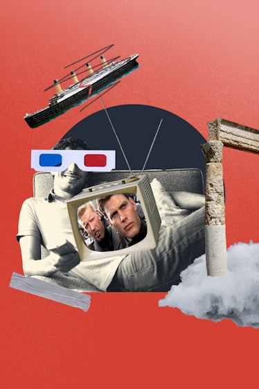 A collage consisting of a tv set, an antena tv, a person wearing 3d glasses and the titanic
