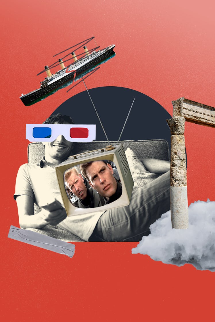 A collage consisting of a tv set, an antena tv, a person wearing 3d glasses and the titanic