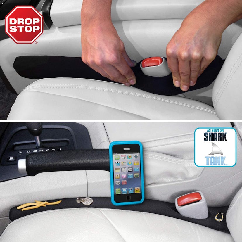 Drop Stop car seat gap filler wedges into the spaces around car seats to keep items from slipping do...