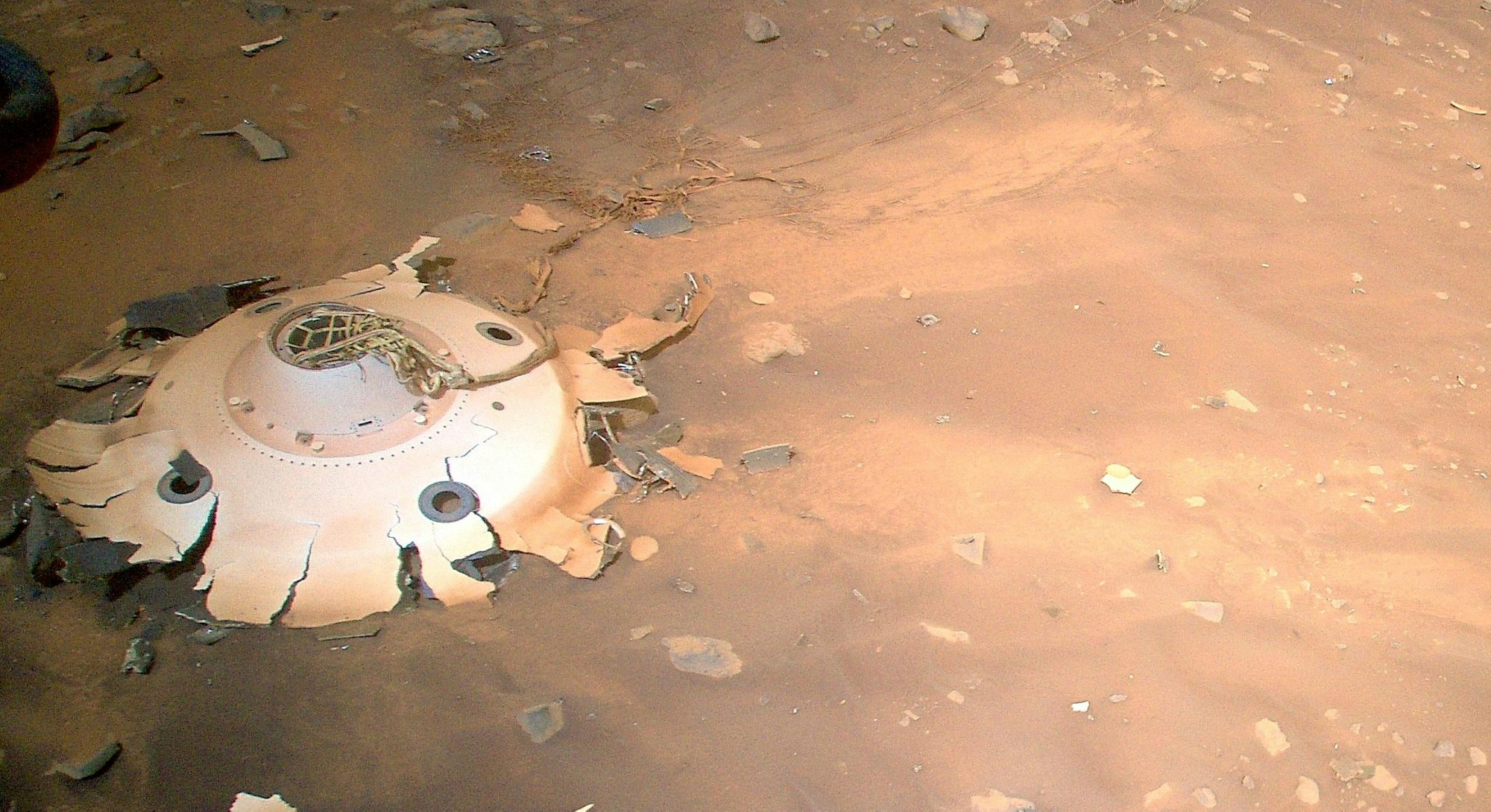 image of Perseverance's backshell captured by NASA's Ingenuity Mars helicopter