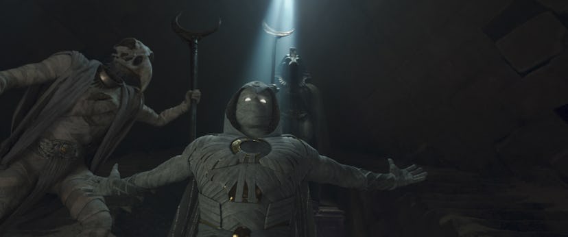 Khonshu (voiced by F. Murray Abraham) and Oscar Isaac as Moon Knight in Marvel's 'Moon Knight'