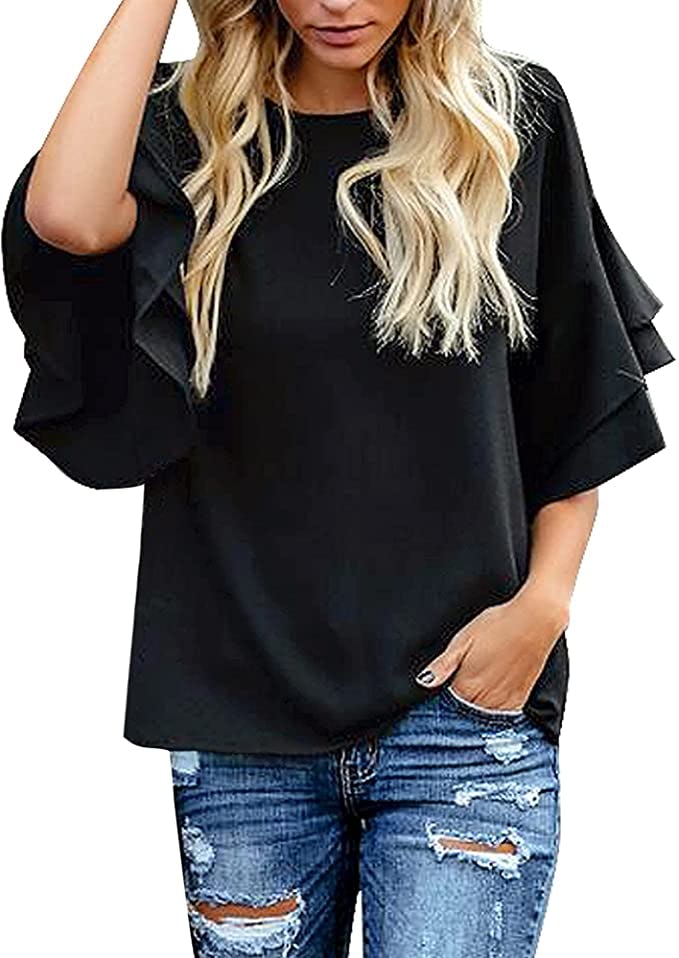 luvamia Casual Tiered Bell Sleeve Tops