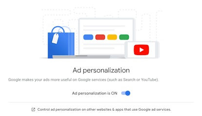 Screenshot of targeted ads turned on via Google