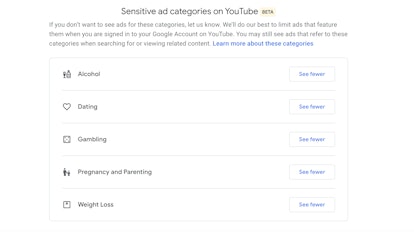 Screenshot of sensitive ad options on Goog;e