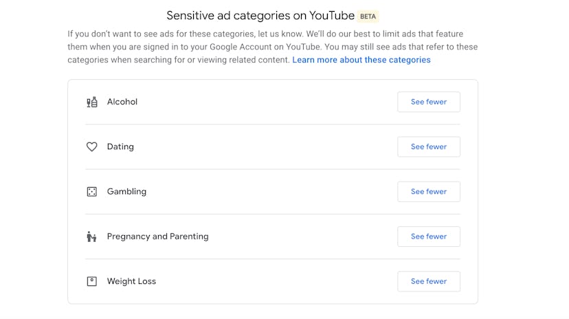 Screenshot of sensitive ad options on Goog;e
