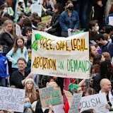 A protestors sign that reads, "Free, Safe, Legal, Abortion on Demand"