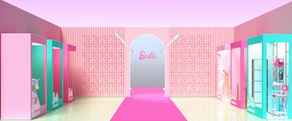 Pose inside Barbie boxes at the fashion studio. 